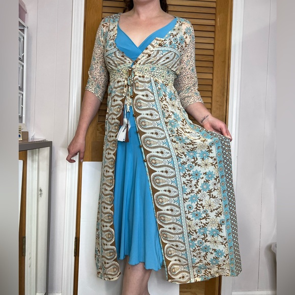 Bohemian Print V-neck Tassel Button Front Chiffon Dress New With Tags Size Small - Picture 2 of 11